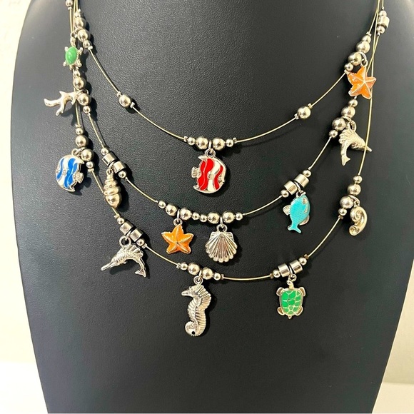 Ocean Multi-Charm Silver Layered Wired Necklace with Whimsical Accents Rare Vaca - Picture 1 of 6